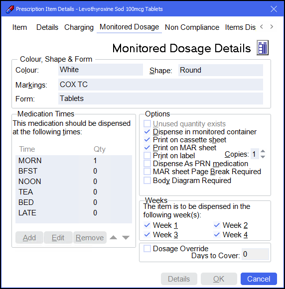 Prescription Item Details Monitored Dosage